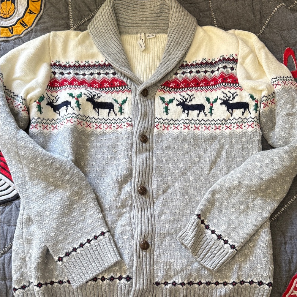 Janie and Jack Gray and Cream Cardigan with Reindeer Design